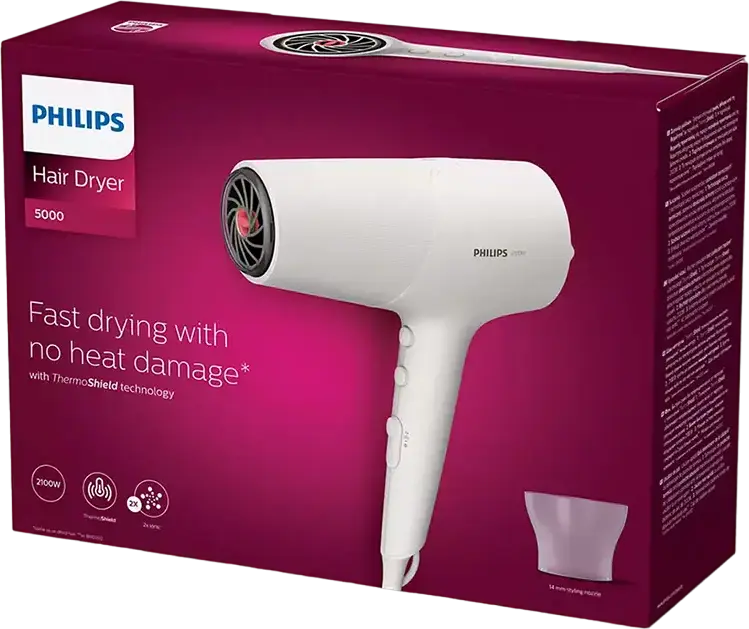 Philips BHD501/00 5000 Series Hair Dryer, 2100W, ThermoShield Technology, Ionic Care System, 3 Temp & 2 Speed Settings, Cold Shot, White