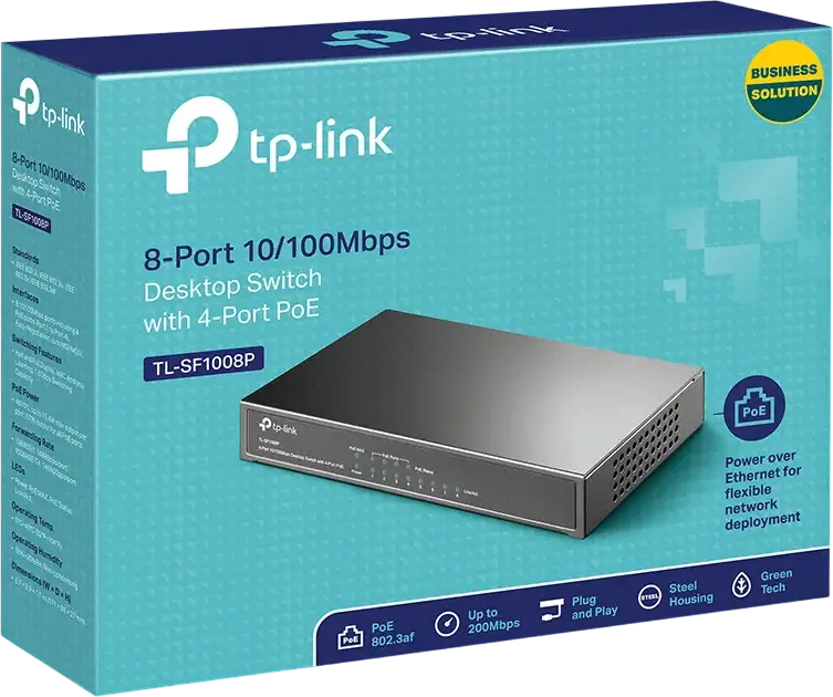 TP-Link TL-SF1008P Unmanaged PoE Switch, 8-Port 10/100Mbps Ethernet, 4-Port PoE IEEE 802.3af/at, 66W Power Budget, 250m Long Range, Steel Case, Black