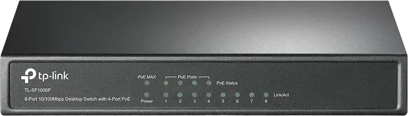 TP-Link TL-SF1008P Unmanaged PoE Switch, 8-Port 10/100Mbps Ethernet, 4-Port PoE IEEE 802.3af/at, 66W Power Budget, 250m Long Range, Steel Case, Black