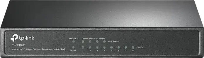 TP-Link TL-SF1008P Unmanaged PoE Switch, 8-Port 10/100Mbps Ethernet, 4-Port PoE IEEE 802.3af/at, 66W Power Budget, 250m Long Range, Steel Case, Black