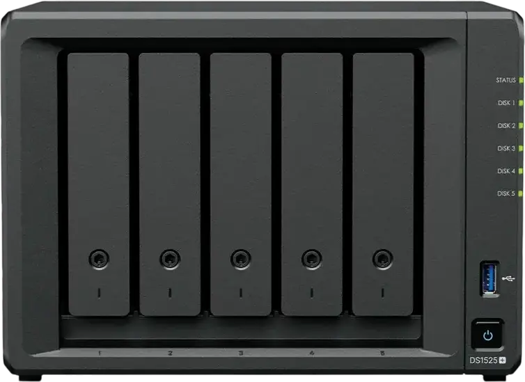 Synology DS1525+ NAS DiskStation cu 5 Bay-uri, AMD Ryzen V1500B 4-Core 2.2GHz, 8GB DDR4 ECC RAM, 2x 2.5GbE LAN, 2 Sloturi M.2 NVMe, PCIe Gen3, Negru