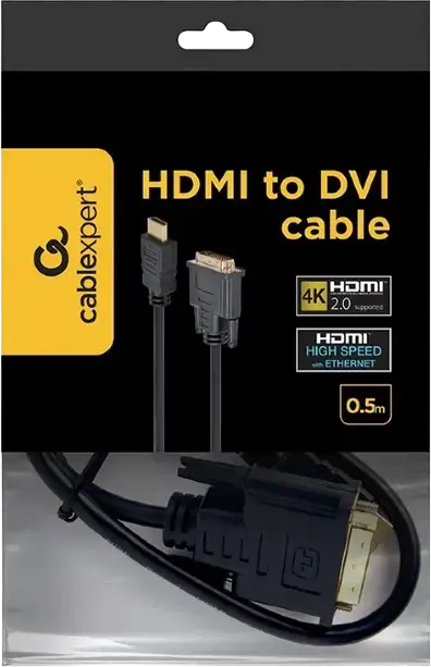 Кабель Cablexpert CC-HDMI-DVI-0.5M HDMI - DVI-I, 0.5м, позолоченные коннекторы, поддержка 4K HDMI 2.0 High Speed с Ethernet, 18+1 pin Single Link, черный