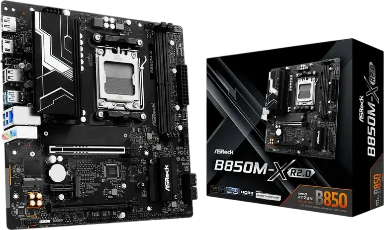 Материнская плата ASRock B850M-X R2.0 Micro-ATX AM5 AMD B850, DDR5 8200+ МГц, PCIe 5.0 x16, Blazing M.2 Gen5, поддержка Ryzen серий 9000/8000/7000