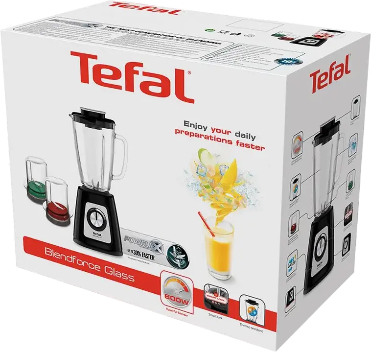 Tefal Blendforce 2 BL438831 Blender 800W, 1.75L Thermo-resistant Glass Bowl, Powelix 6 Stainless Steel Blades, Air Cooling, with Grinder and Chopper
