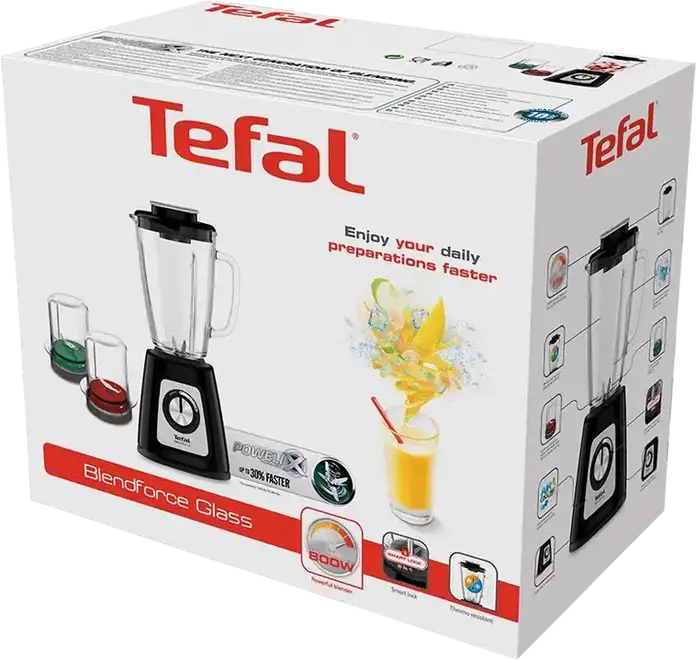 Tefal Blendforce 2 BL438831 Blender 800W, 1.75L Thermo-resistant Glass Bowl, Powelix 6 Stainless Steel Blades, Air Cooling, with Grinder and Chopper