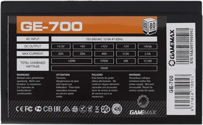 Gamemax GE-700 ECO Gamer 700W Power Supply, 80 Plus Efficiency, Active PFC, ATX Form Factor, 120mm Silent Fan, Black Mesh Cables