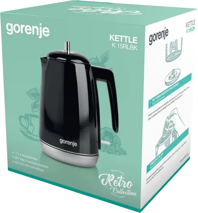Gorenje K15RLBK Retro Collection Electric Kettle, 1.7L Capacity, 2200W Power, Metal Housing, Auto Shut-off and Overheat Protection, Black