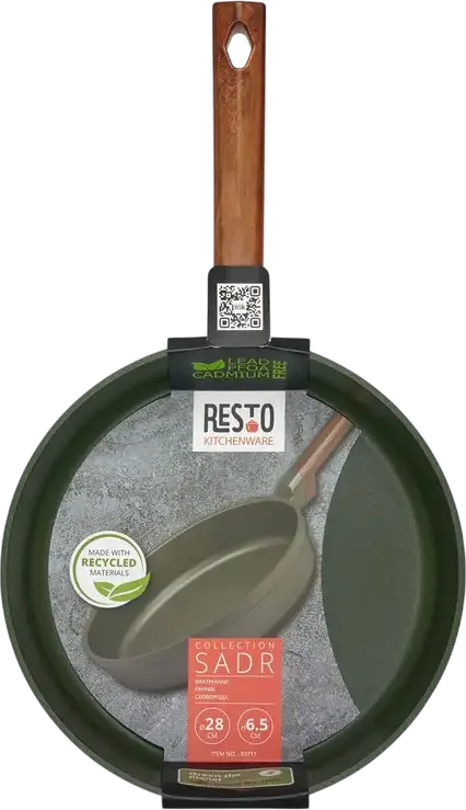 RESTO SADR Non-Stick Frying Pan with Wood-Effect Ergonomic Handle, Induction Compatible Patterned Silver Base, 28cm