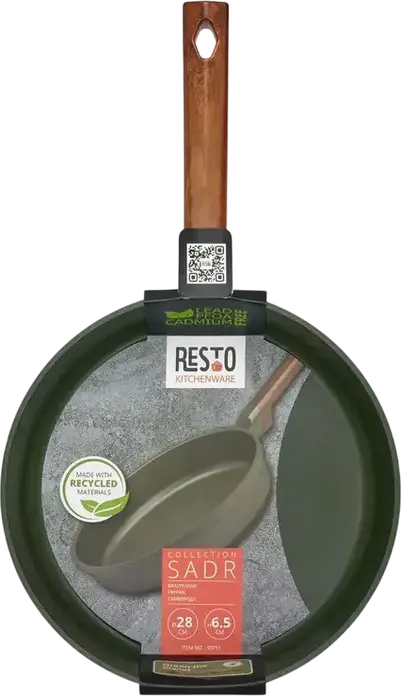 RESTO SADR Non-Stick Frying Pan with Wood-Effect Ergonomic Handle, Induction Compatible Patterned Silver Base, 28cm