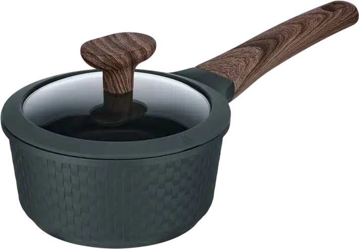 Resto 93900 Ran Saucepan with Glass Lid, 1.3L, 16cm Aluminum Non-Stick Pot, Pfluon Cookmark Coating, Induction Compatible, Wood-Grain Handle, Black