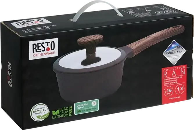 Resto 93900 Ran Saucepan with Glass Lid, 1.3L, 16cm Aluminum Non-Stick Pot, Pfluon Cookmark Coating, Induction Compatible, Wood-Grain Handle, Black