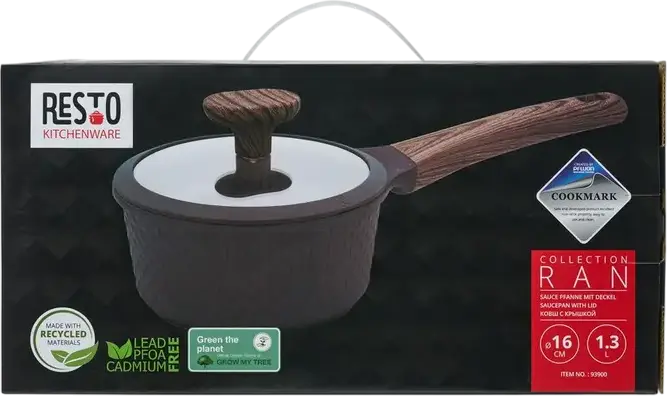 Resto 93900 Ran Saucepan with Glass Lid, 1.3L, 16cm Aluminum Non-Stick Pot, Pfluon Cookmark Coating, Induction Compatible, Wood-Grain Handle, Black