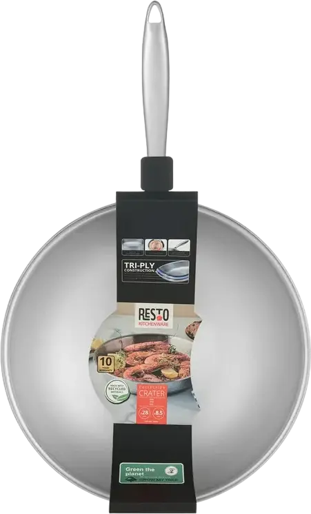 Resto Crater Wok 95004, 28 cm Tri-ply Stainless Steel Pan, Hammered Exterior, Induction Compatible Cookware, Ergonomic Handle, PTFE Free