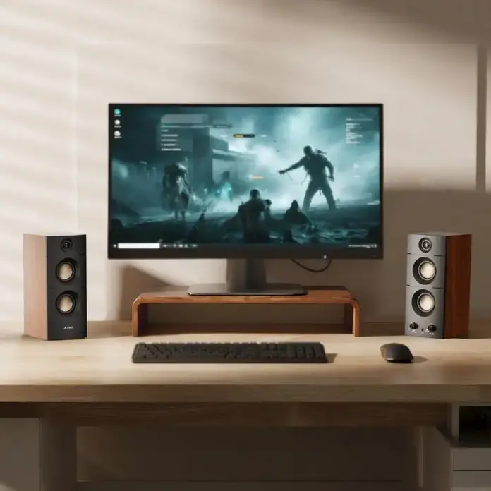 Boxe F&D R330BT Sistem Stereo 2.0, Putere 20W RMS, Bluetooth 5.3, RCA AUX USB, Cabinete din Lemn, 6 Difuzoare cu Tweeter, Negru și Maro