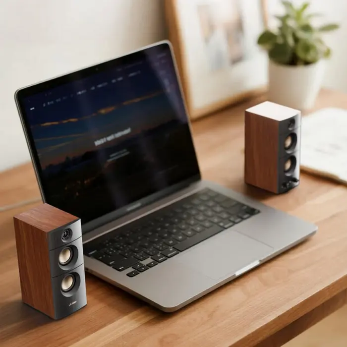 Boxe F&D R330BT Sistem Stereo 2.0, Putere 20W RMS, Bluetooth 5.3, RCA AUX USB, Cabinete din Lemn, 6 Difuzoare cu Tweeter, Negru și Maro
