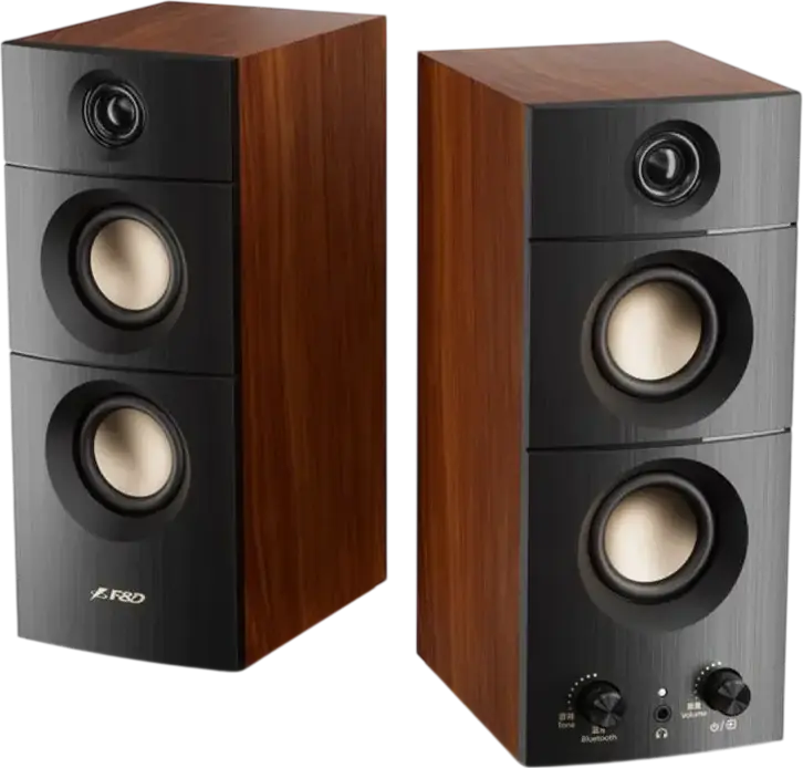 Boxe F&D R330BT Sistem Stereo 2.0, Putere 20W RMS, Bluetooth 5.3, RCA AUX USB, Cabinete din Lemn, 6 Difuzoare cu Tweeter, Negru și Maro