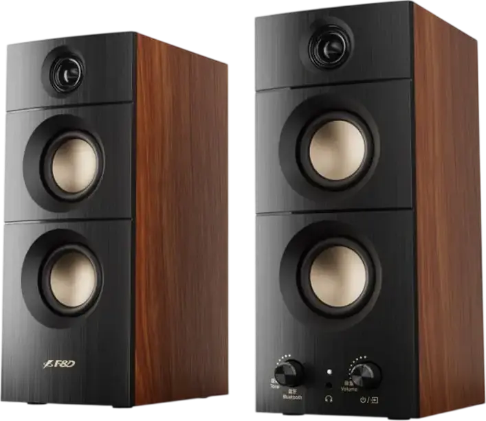 Boxe F&D R330BT Sistem Stereo 2.0, Putere 20W RMS, Bluetooth 5.3, RCA AUX USB, Cabinete din Lemn, 6 Difuzoare cu Tweeter, Negru și Maro