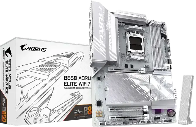 Placa de bază Gigabyte B850 AORUS ELITE WIFI7 ICE AM5 AMD B850 ATX DDR5 256GB PCIe 5.0 M.2 Wi-Fi 7 Bluetooth 5.4 Alb/Argintiu