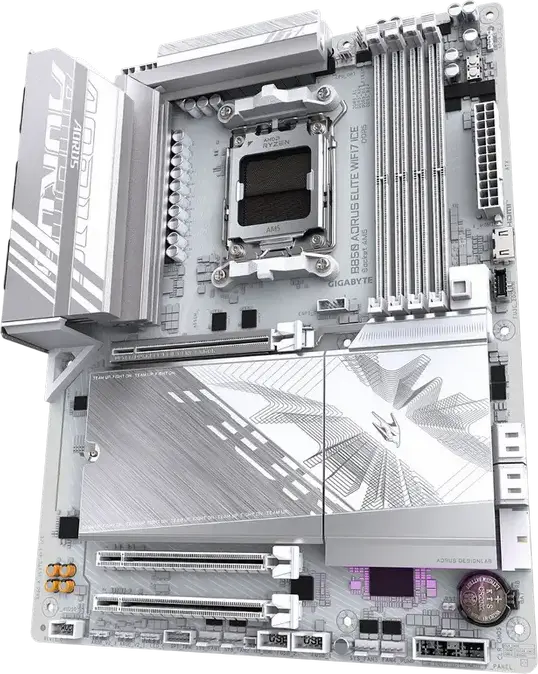 Placa de bază Gigabyte B850 AORUS ELITE WIFI7 ICE AM5 AMD B850 ATX DDR5 256GB PCIe 5.0 M.2 Wi-Fi 7 Bluetooth 5.4 Alb/Argintiu