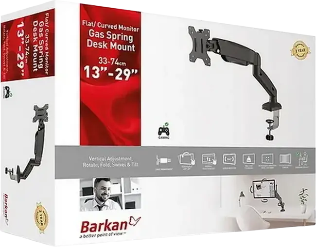 Barkan M121P Desk Mount Monitor Arm for 13"-29" Flat or Curved Screens, Gas Spring Steel Bracket, VESA 75x75 100x100, Black, Max Load 12kg