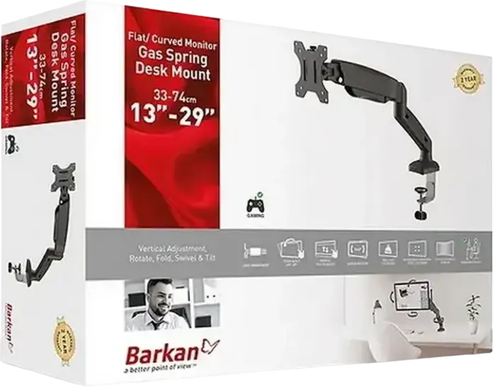 Barkan M121P Desk Mount Monitor Arm for 13"-29" Flat or Curved Screens, Gas Spring Steel Bracket, VESA 75x75 100x100, Black, Max Load 12kg