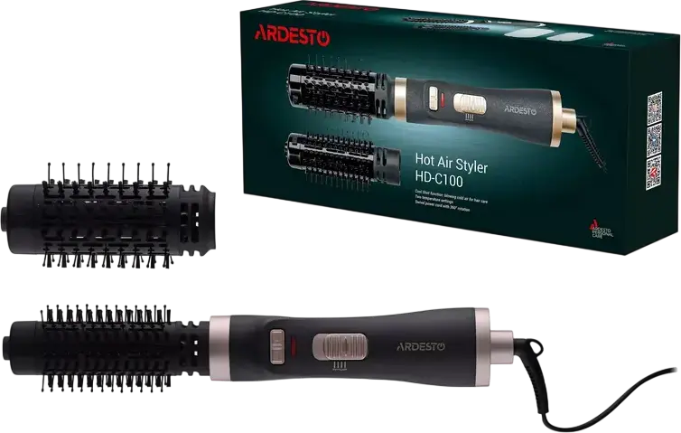 Ротационная щетка-фен Ardesto HD-C100, мощность 1000Вт, керамическое покрытие, 2 режима температуры, функция холодного обдува и 2 насадки (40мм, 50мм)