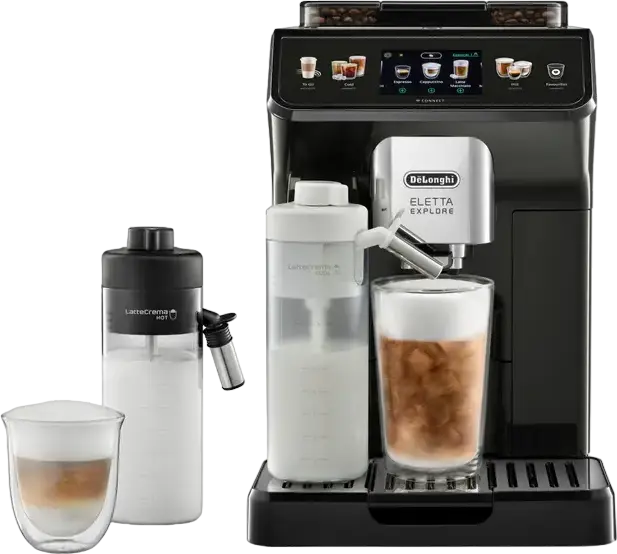 DeLonghi Eletta Explore ECAM450.65.S Automatic Coffee Machine, 1450W, 19 bar, 1.8L Tank, LatteCrema Hot & Cool Carafe, Wi-Fi, Cold Brew, Black
