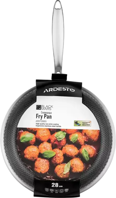 Ardesto AR0728BS Black Mars Avior Triply Stainless Steel Fry Pan, 28 cm, PFLUON Non-Stick Coating, Induction Compatible, Satin Polished Finish