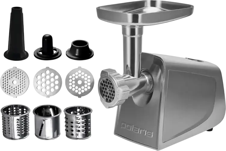 Robot de tocătit carne electric Polaris PMG 2294, 2200W, Carcasă Inox, Capacitate 2.5 kg/min, Funcție Reverse, 3 Discuri, Accesorii pentru Cârnați și Legume
