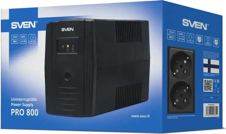 SVEN Pro 800 Line-Interactive UPS, 800VA/480W, Built-in AVR, Sinusoidal Output, Surge Protection, 2 EU Schuko Outlets, Black