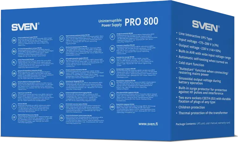 SVEN Pro 800 Line-Interactive UPS, 800VA/480W, Built-in AVR, Sinusoidal Output, Surge Protection, 2 EU Schuko Outlets, Black