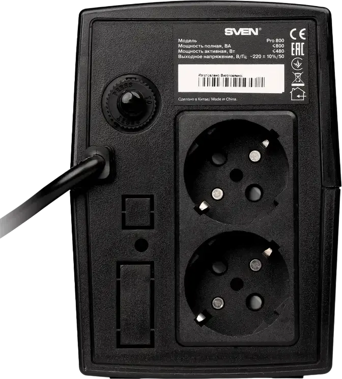 SVEN Pro 800 Line-Interactive UPS, 800VA/480W, Built-in AVR, Sinusoidal Output, Surge Protection, 2 EU Schuko Outlets, Black