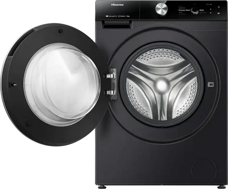 Hisense WF7S1247BB Front-Load Washing Machine, 12 kg Capacity, Class A Energy Efficiency, 1400 rpm Spin Speed, AI Super Wash, Smart Dosing, Wi-Fi, Black