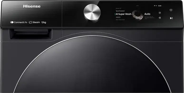 Hisense WF7S1247BB Front-Load Washing Machine, 12 kg Capacity, Class A Energy Efficiency, 1400 rpm Spin Speed, AI Super Wash, Smart Dosing, Wi-Fi, Black