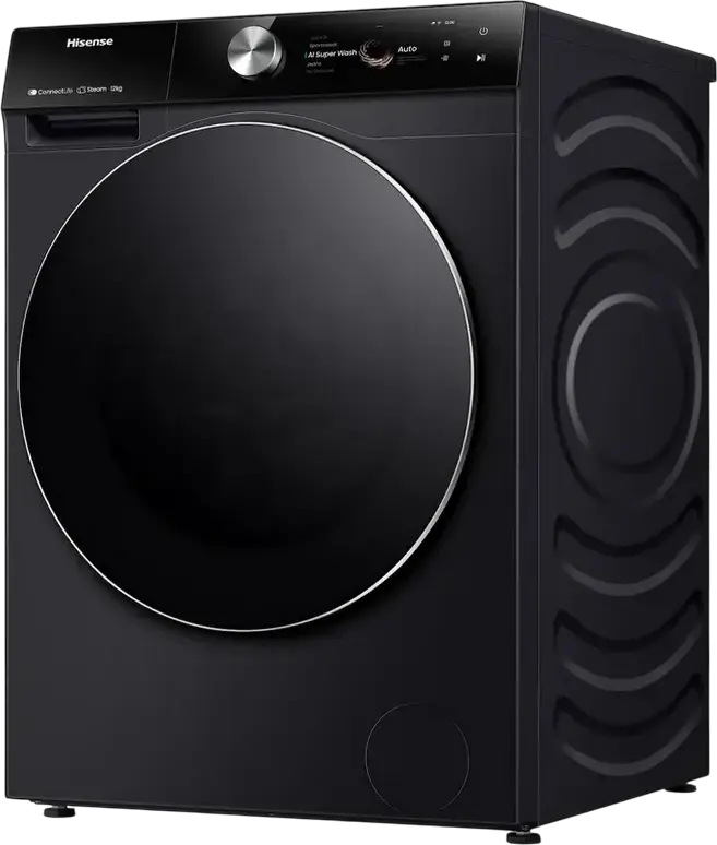 Hisense WF7S1247BB Front-Load Washing Machine, 12 kg Capacity, Class A Energy Efficiency, 1400 rpm Spin Speed, AI Super Wash, Smart Dosing, Wi-Fi, Black