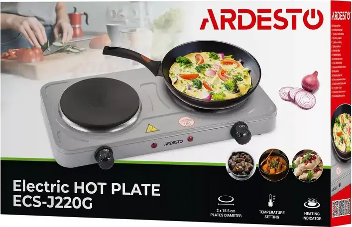 Ardesto ECS-J220G Electric Double Hot Plate Stove, 2 Cast Iron Burners, 2000W Total Power, Enameled Steel Body, Overheating Protection, Grey