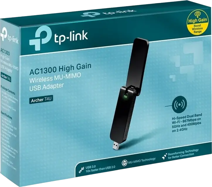 USB Wi-Fi адаптер TP-Link Archer T4U AC1300 Dual Band USB 3.0, скорость 867Мбит/с (5ГГц) + 400Мбит/с (2.4ГГц), MU-MIMO, Beamforming, внешние антенны High Gain