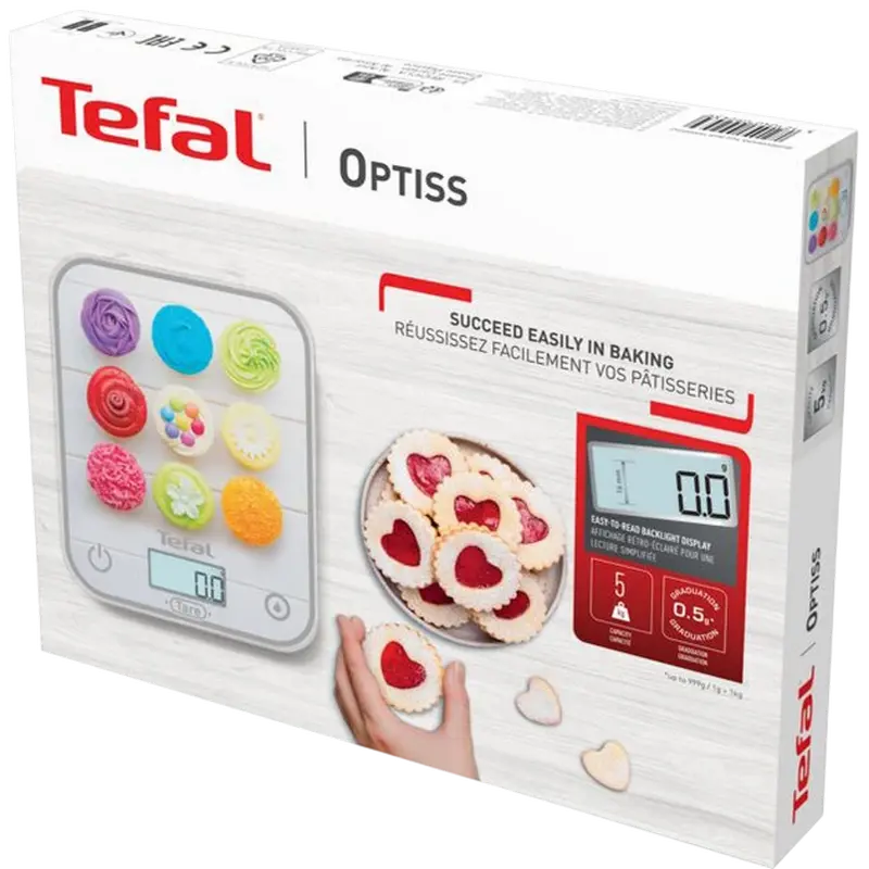Tefal Optiss BC50D4V0 Electronic Kitchen Scale, 5kg Capacity, 1g Precision, Scratch-Resistant Glass Platform, Backlit LCD, Tare Function, Grey