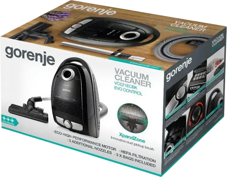 Aspirator cu sac Gorenje VCE21ECBK Evo Control, Putere 800W, Filtru HEPA, Colector de praf 3L, Tub telescopic din aluminiu, Negru