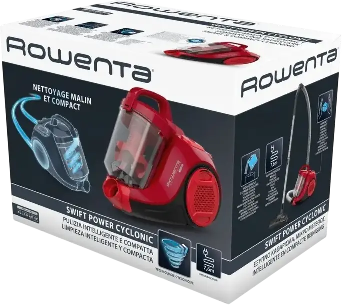 Rowenta Swift Power Cyclonic RO2913EA Bagless Cylinder Vacuum Cleaner, 750W Effitech Motor, HEPA Filter, 1.2L Dust Container, Telescopic Metal Tube