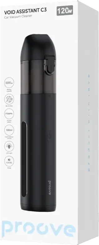 Proove Void Assistant C3 Handheld Car Vacuum Cleaner, 17000 Pa Suction, 6000 mAh Battery, HEPA Filter, USB-C Charging, LED Light, Black