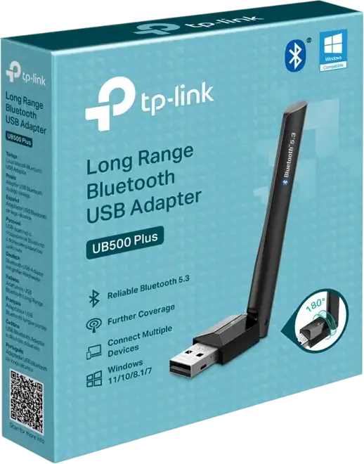 TP-Link UB500 Plus Bluetooth 5.3 USB Adapter, High-Gain 180° Adjustable External Antenna, Supports 7 Devices, Windows 7/8.1/10/11 Compatible Dongle