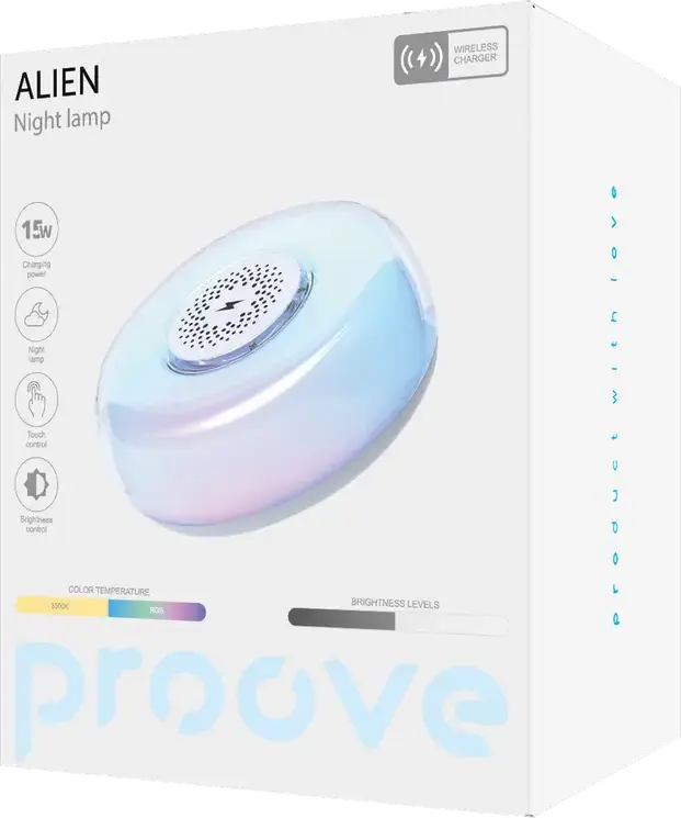 Proove Alien LED Night Lamp and Wireless Charger, 15W Fast Charging, RGB & Warm White Lighting Modes, Touch Control, Brightness Adjustment, USB Type-C