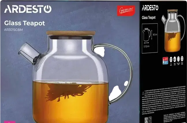 Ardesto AR3015GBM Gemini Borosilicate Glass Teapot with Infuser, Heat-Resistant Transparent Tea Pot with Bamboo Lid, 1.5L Capacity