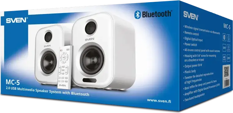 SVEN MC-5 2.0 Multimedia Speaker System, White, 50W Total Power, Bluetooth, Optical Digital Input, USB Player, Touch Panel, Remote Control, 1/4" Mount