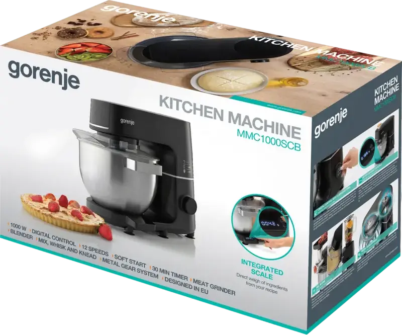 Gorenje MMC1000SCB Planetary Kitchen Machine, 1000W Stand Mixer with 6L Metal Bowl, Integrated Scale, Meat Grinder & Blender, 12 Speeds, Black