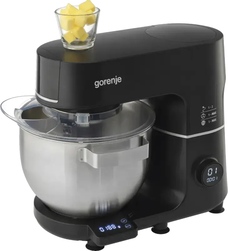 Gorenje MMC1000SCB Planetary Kitchen Machine, 1000W Stand Mixer with 6L Metal Bowl, Integrated Scale, Meat Grinder & Blender, 12 Speeds, Black