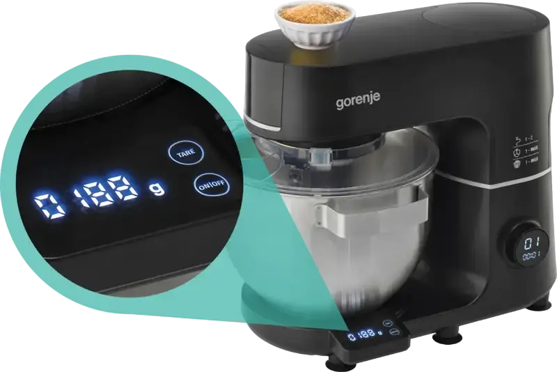 Gorenje MMC1000SCB Planetary Kitchen Machine, 1000W Stand Mixer with 6L Metal Bowl, Integrated Scale, Meat Grinder & Blender, 12 Speeds, Black