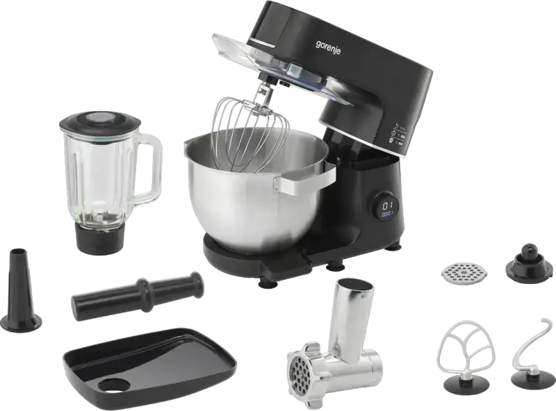 Gorenje MMC1000SCB Planetary Kitchen Machine, 1000W Stand Mixer with 6L Metal Bowl, Integrated Scale, Meat Grinder & Blender, 12 Speeds, Black