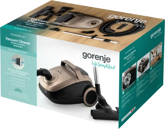 Gorenje VCE28G6ALLGO G600 Allergy Cylinder Vacuum Cleaner, 850W, HEPA 13 Filter with Active Carbon, Bagged AllergyStop 3L, Turbo Brush, Black/Bronze